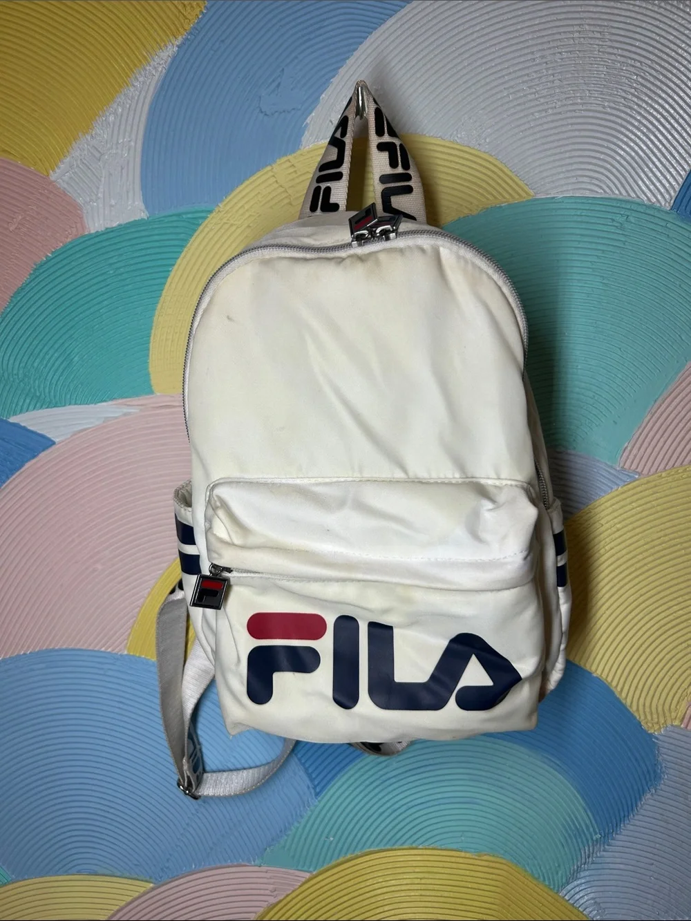 Fila Mini White Backpack with Navy and Red Logo Accents